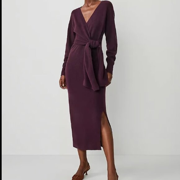 ANN TAYLOR WRAP SWEATER PETITE DRESS BURGUNDY WINE BERRY NWOT $149 XXSP - Picture 1 of 9